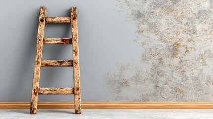 Wooden ladder leans against textured wall in bright room