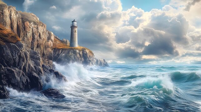 Photograph of a lighthouse standing on a rocky cliff amidst turbulent waves under stormy skies.
