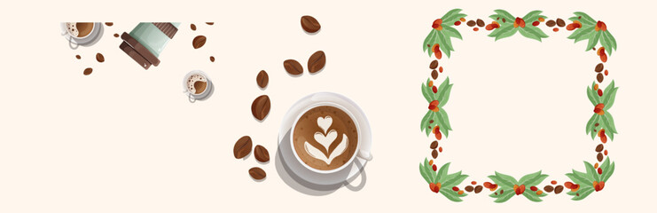 Design of a Group of Coffee Elements Made of Frames and a Small Composition. Vector Illustration of a Coffee Set with Several Objects Arranged in a Row.