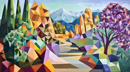 Colorful polygonal landscape with a path winding through vibrant geometric rocks, trees, and mountains.  A serene vista with a mix of warm and cool colors