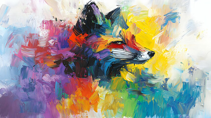 Colorful fox portrait, vibrant abstract style.  Bold brushstrokes create a dynamic,  multicolored image of a fox head, set against a backdrop of textured,  swirling colors