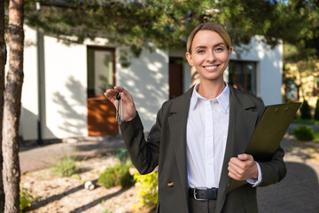 Smiling female real estate agent holding a key from the house