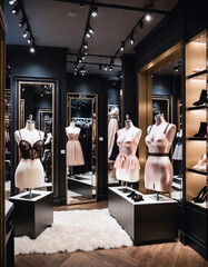 Elegant mannequins showcasing a variety of lingerie and sleepwear in a sophisticated retail environment