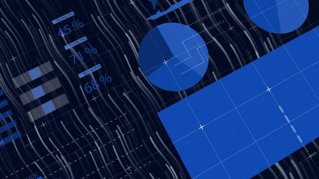 Opening table charts animating, gauge fading, map appearing and bars rising, forming dashboard