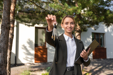 Smiling female real estate agent holding a key from the house