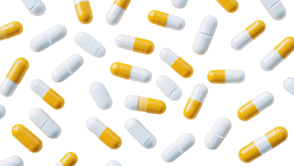 Scattered yellow and white pills