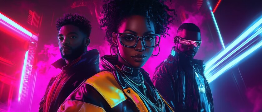 Stylized portrait of three Black individuals in neon lighting and futuristic fashion, representing Afrofuturism and cultural innovation. Ideal for Black Futures Month or creative tech themes.
