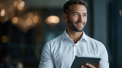 "Smiling HR Manager with Tablet in Soft Light"