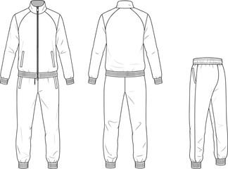Unisex Full Tracksuit Design: Technical Flat Sketch of Zip-Up Jacket and Jogger Pants, Sporty Casual Apparel Illustration for Activewear