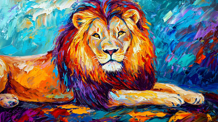 Majestic lion portrait in vibrant colors, lying on a textured landscape.  Bold strokes of paint create a dynamic and powerful image
