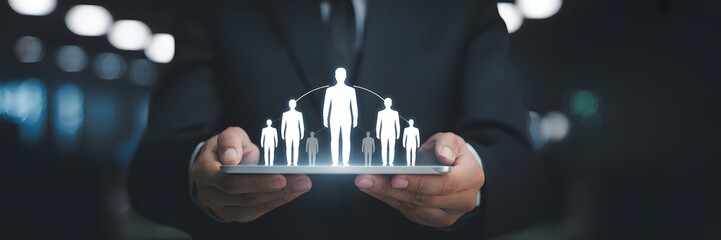 Business professional using tablet with holographic organizational structure, representing leadership, workforce management, and digital HR strategy
