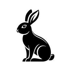Obraz premium A minimalist black vector logo of a rabbit sitting upright in alert posture, symbolizing attentiveness, nature, and softness in branding design. 