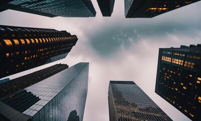 Modern skyscrapers rising towards a cloudy sky, showcasing urban architecture and development