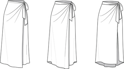 Women's Flowy Wrap Skirt Design: Technical Flat Sketch of Midi Length Skirt with Adjustable Tie Closure, Elegant Fashion Apparel Illustration