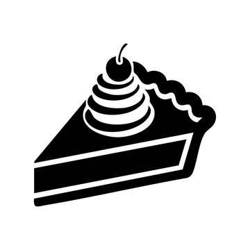 A minimalist black vector icon of a pie slice topped with whipped cream and cherry, representing classic dessert and sweet indulgence.
