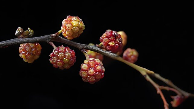 Photograph of clustered, reddish-brown berries on a dark branch, showcasing textured details.