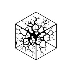 A minimalist vector logo of a geometric cube fractured by chaotic cracks, symbolizing structural tension, entropy, or disruption in abstract design.
