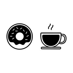 Black and white minimalist icon of a frosted donut with sprinkles beside a steaming coffee cup, symbolizing breakfast, snacks, and cozy caf&eacute; culture.
