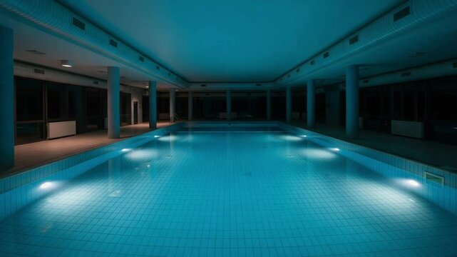 An empty indoor pool at night, no water, faint blue lights glowing beneath the surface. Quiet, surreal, and haunting, evoking dreamlike liminal energy.