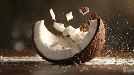 Digital illustration of a coconut exploding with white flesh and shell fragments on a dark surface.