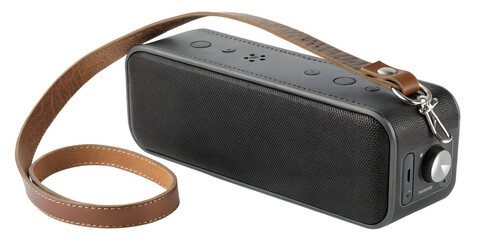 Modern portable black bluetooth speaker with a brown leather strap and metal clip isolated on...