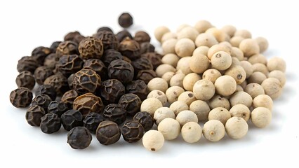 Obraz premium Heap of black and white peppercorns isolated on white background