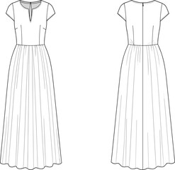 Women's Elegant Maxi Dress Design: Cap Sleeve Gown with Notch Neckline and Gathered Skirt, Technical Flat Fashion Sketch Illustration