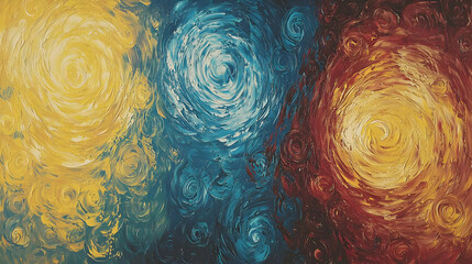 Abstract painting, three swirling orbs of contrasting colors yellow, blue, and red-orange. Textured brushstrokes create a dynamic, energetic composition