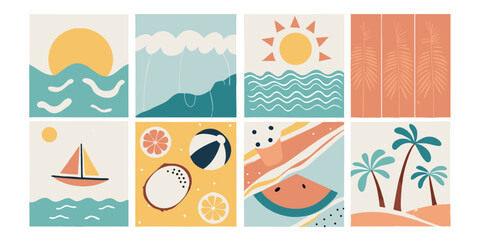 Naklejka premium Eight Summer Sunset Inspired Illustrations with Beach Elements