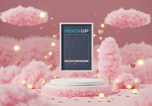 Frame Image Poster Mockup on Stand with Surreal Pink Cloudy Environment
