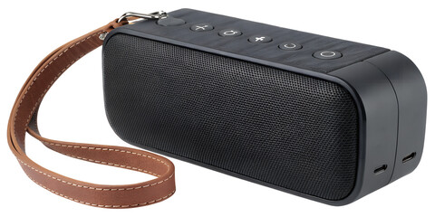 Modern black portable bluetooth speaker with a brown leather wrist strap and metallic accents...