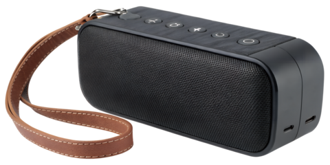 Modern black portable bluetooth speaker with a brown leather wrist strap and metallic accents isolated on transparent background
