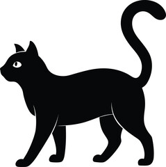 black cat silhouette walking with raised curved tail