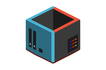 Modern isometric server rack with blue and red accents