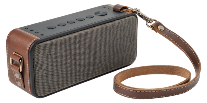 Stylish portable bluetooth speaker with a brown leather strap and metallic clasp featuring a textured fabric grill and wood grain accents isolated on transparent background - Powered by Adobe
