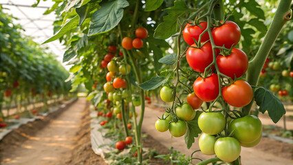 Fototapeta premium Thriving Tomato Plants in a Greenhouse: A Visual Guide to Successful Cultivation