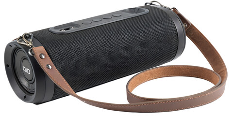 Modern portable black cylindrical bluetooth speaker with a brown leather strap and metal clasps...