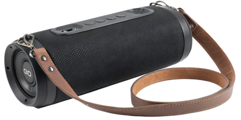 Modern portable black cylindrical bluetooth speaker with a brown leather strap and metal clasps isolated on transparent background