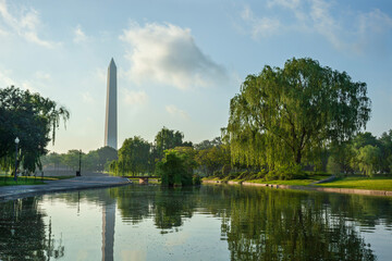 Washington Monument viewed above Constitution Gardens Pond on a bright spring morning