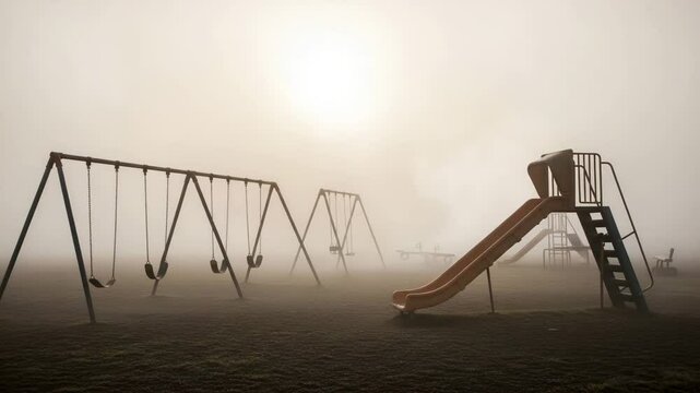 A foggy empty playground at dawn with silent swings and no children. Tense stillness, soft light, and mist evoke nostalgia, sadness, and liminal loneliness.