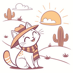 Joyful Sleeping cat with with a scarf, set in a charming Desert sunset theme – Sundown Glow color vector art