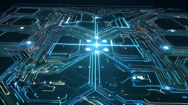 Animated circuit-board pattern with glowing nodes and data