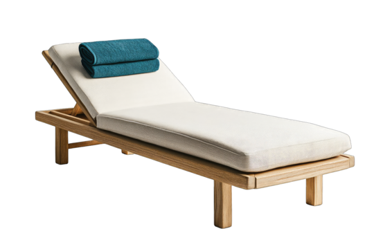 Light-colored wooden sun lounger with teal towels