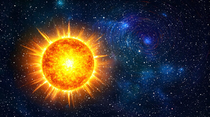 Obraz premium Fiery sun in deep space, vibrant orange-yellow glow against dark cosmic backdrop. Stars, nebulae, and cosmic dust surround