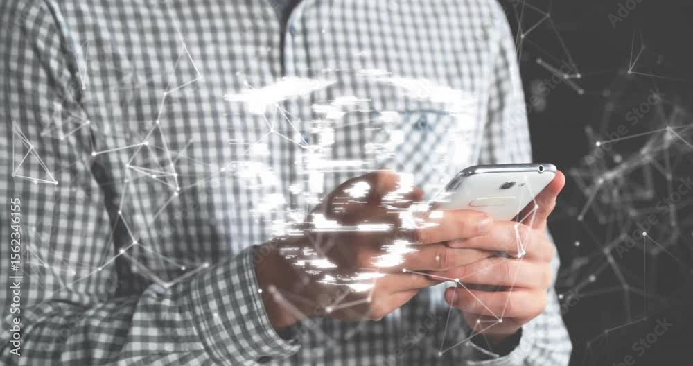 Poster tech user holding phone causing shield forming over phone padlock fading into network securing data