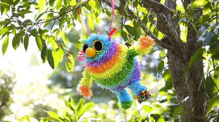 Colorful pi?ata hanging from tree branches.  Vibrant rainbow colors, textured fur,  and googly eyes