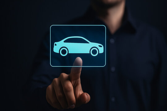 Businessman Touches Futuristic Glowing Car Icon Interface for Vehicle Services, Innovation, Automotive Technology, Navigation and Digital Solutions