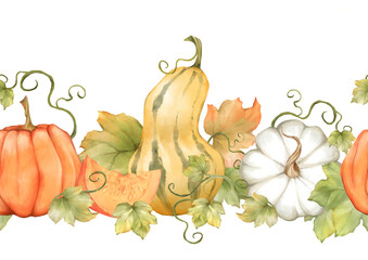 Seamless hand-drawn border with autumn pumpkins