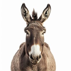 Curious donkey gazing into the camera against a bright, pure white background