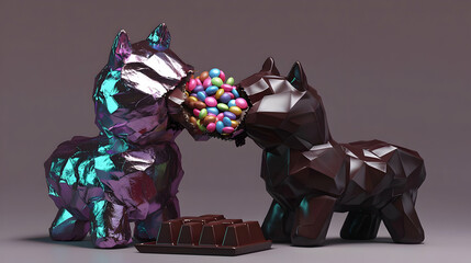 Two stylized, geometric horses, one purple and one dark brown, are sharing a pile of colorful candies.  The horses' mouths are open, suggesting they're eating the candies.